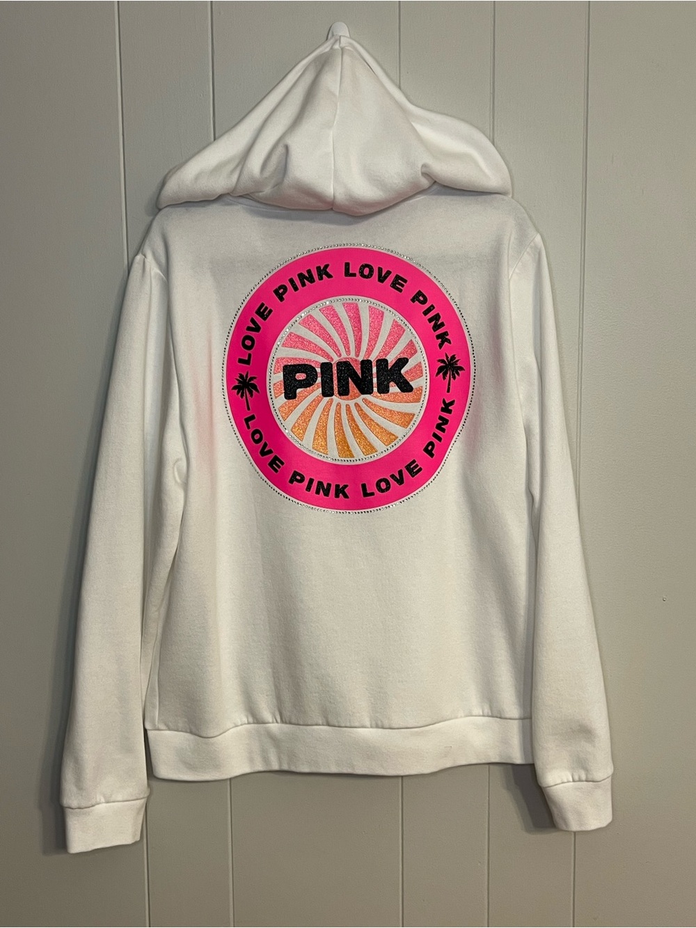 VS PINK Tropical Bling Rhinestone Full Zip Hoodie White XL